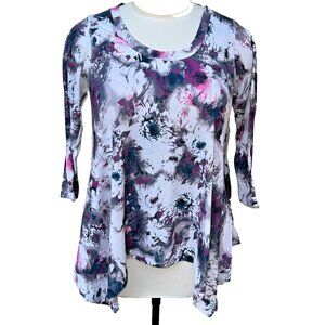 Philosophy Tunic Top Womens XL Abstract Floral Scoop Neck Sharkbite Hem 3/4 Slve